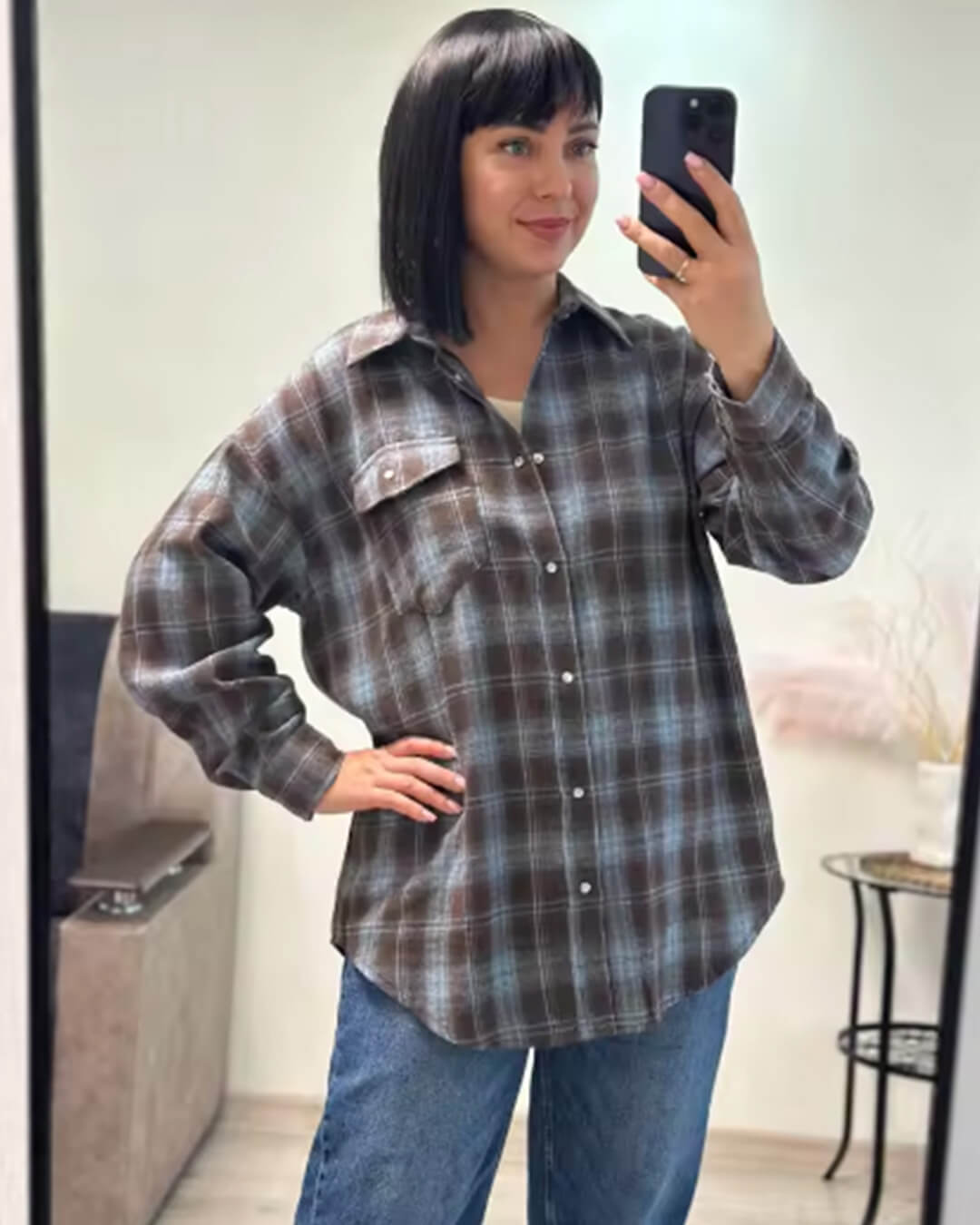 OLANE Long Sleeve Oversized Plaid Shirt Gray BlueOne SizeWomen’s Tops