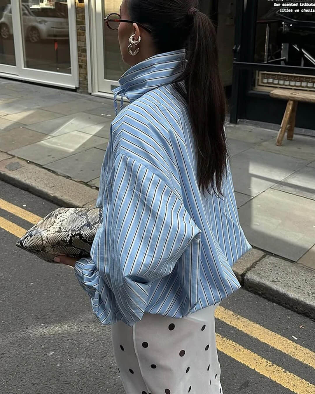 OLANE Long Sleeve Stripe High Neck Shirt BlueMWomen’s Tops