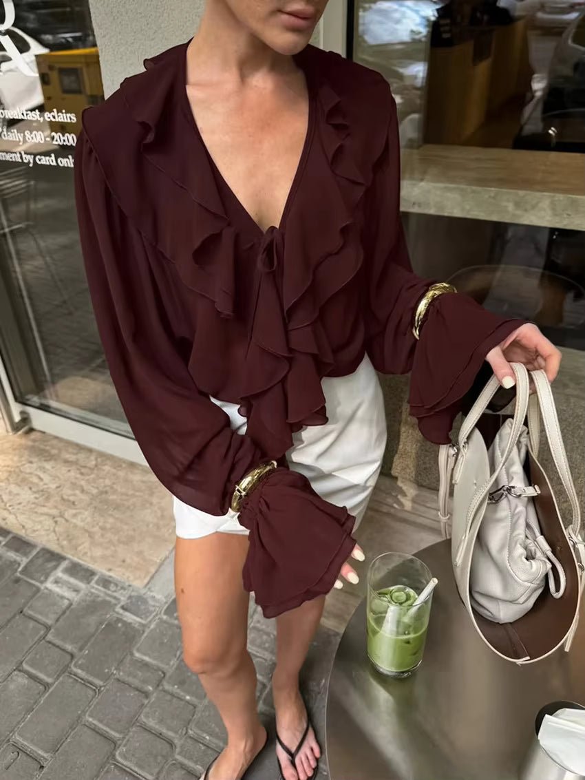 OLANE Long Sleeve Tie Neck Ruffled Blouse BurgundyLWomen’s Tops