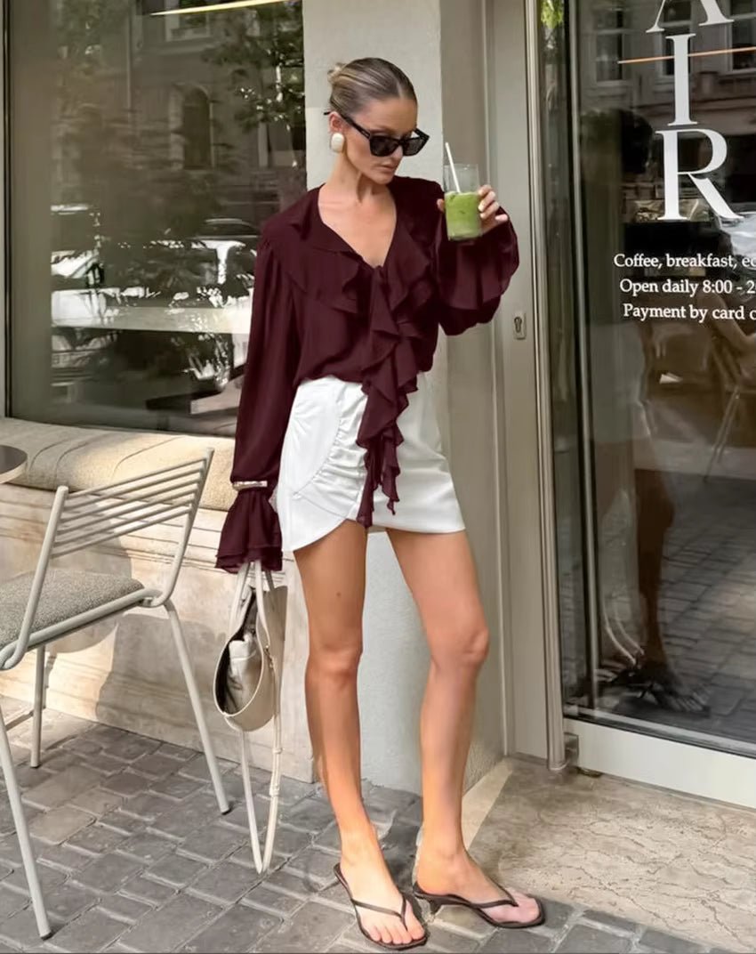 OLANE Long Sleeve Tie Neck Ruffled Blouse BurgundyMWomen’s Tops