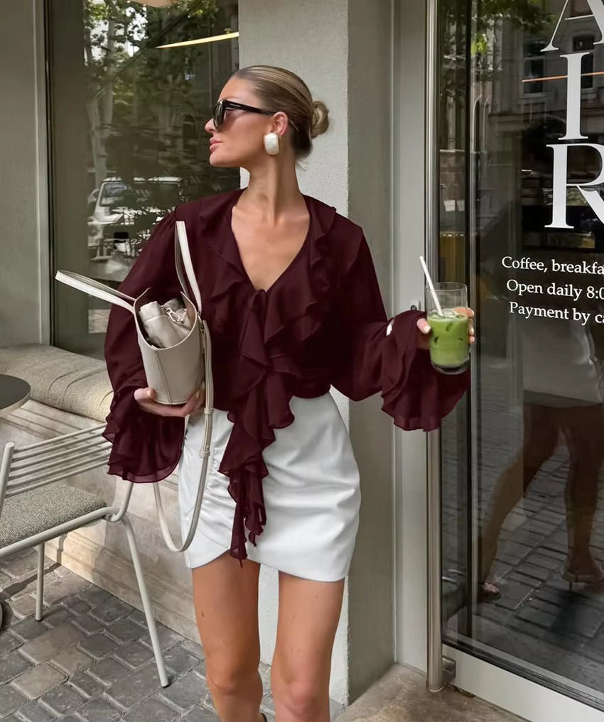 OLANE Long Sleeve Tie Neck Ruffled Blouse BurgundyMWomen’s Tops