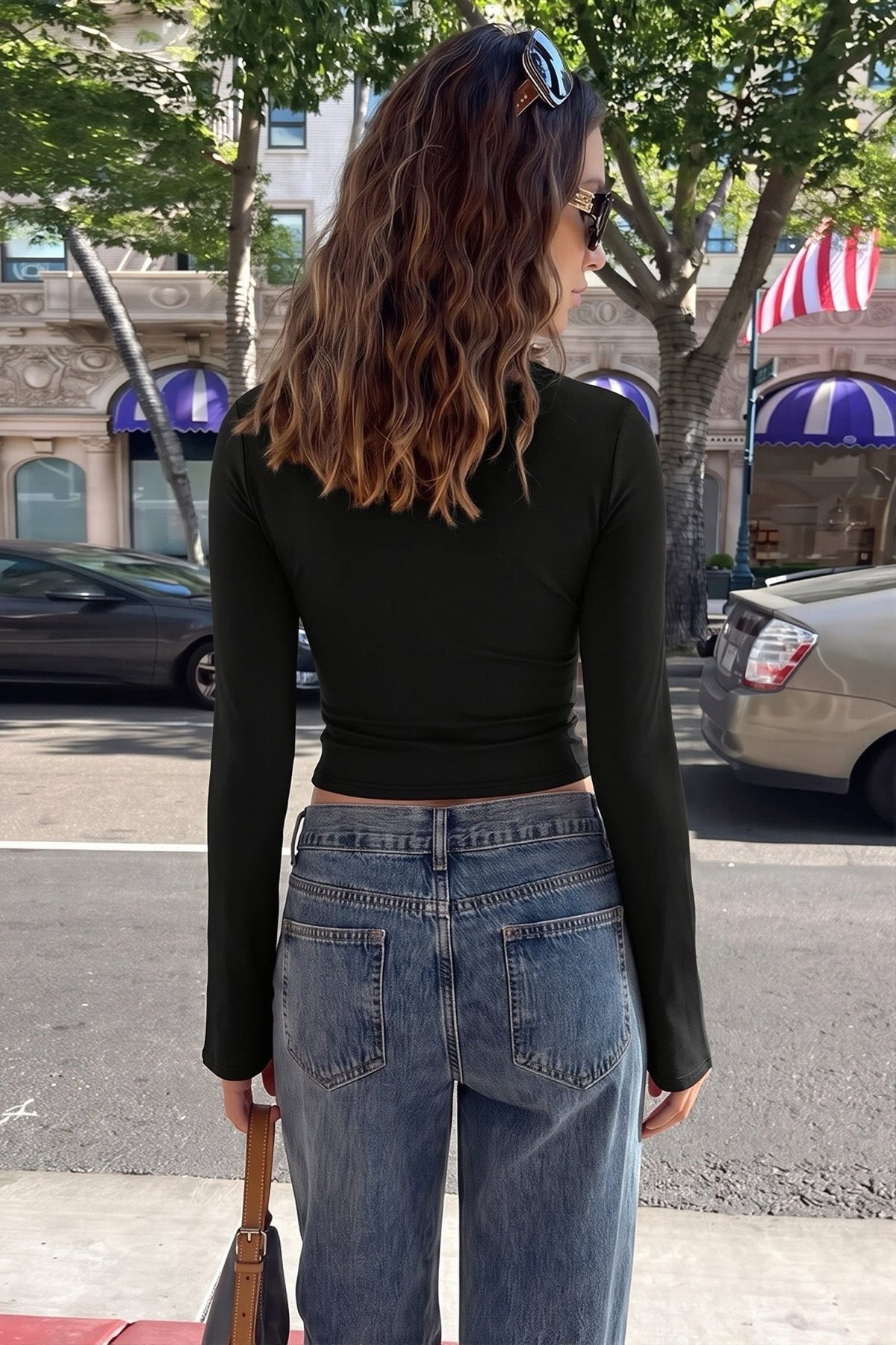 OLANE Long Sleeves High Neck Keyhole Blouse BlackXSWomen's Tops