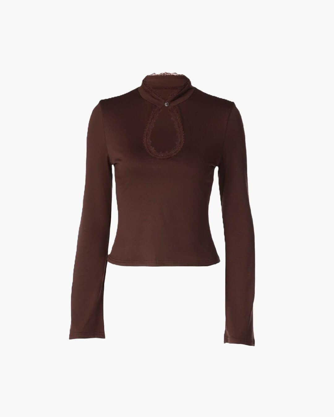 OLANE Long Sleeves High Neck Keyhole Blouse BrownSWomen's Tops