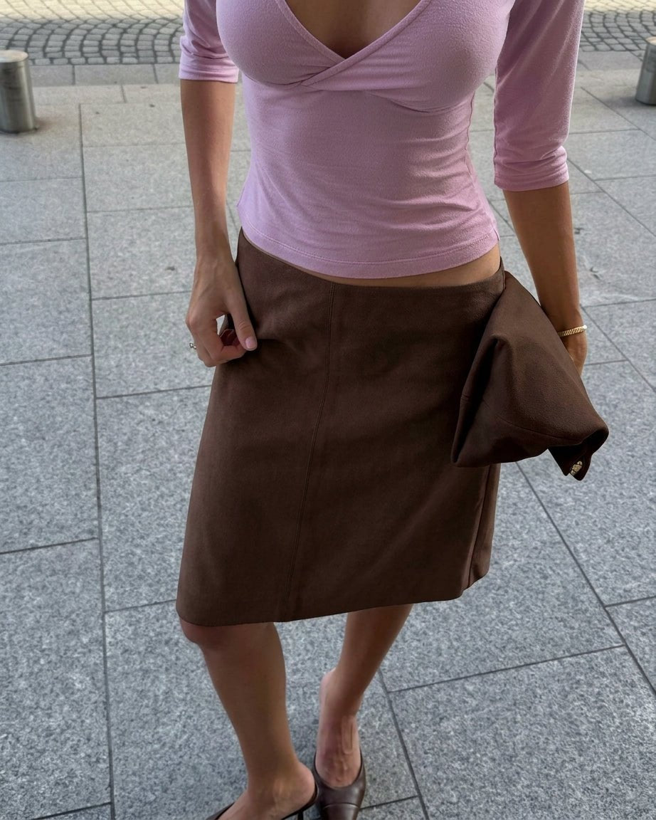 OLANE Low-Waist Velvet Midi Skirt BrownMSkirt