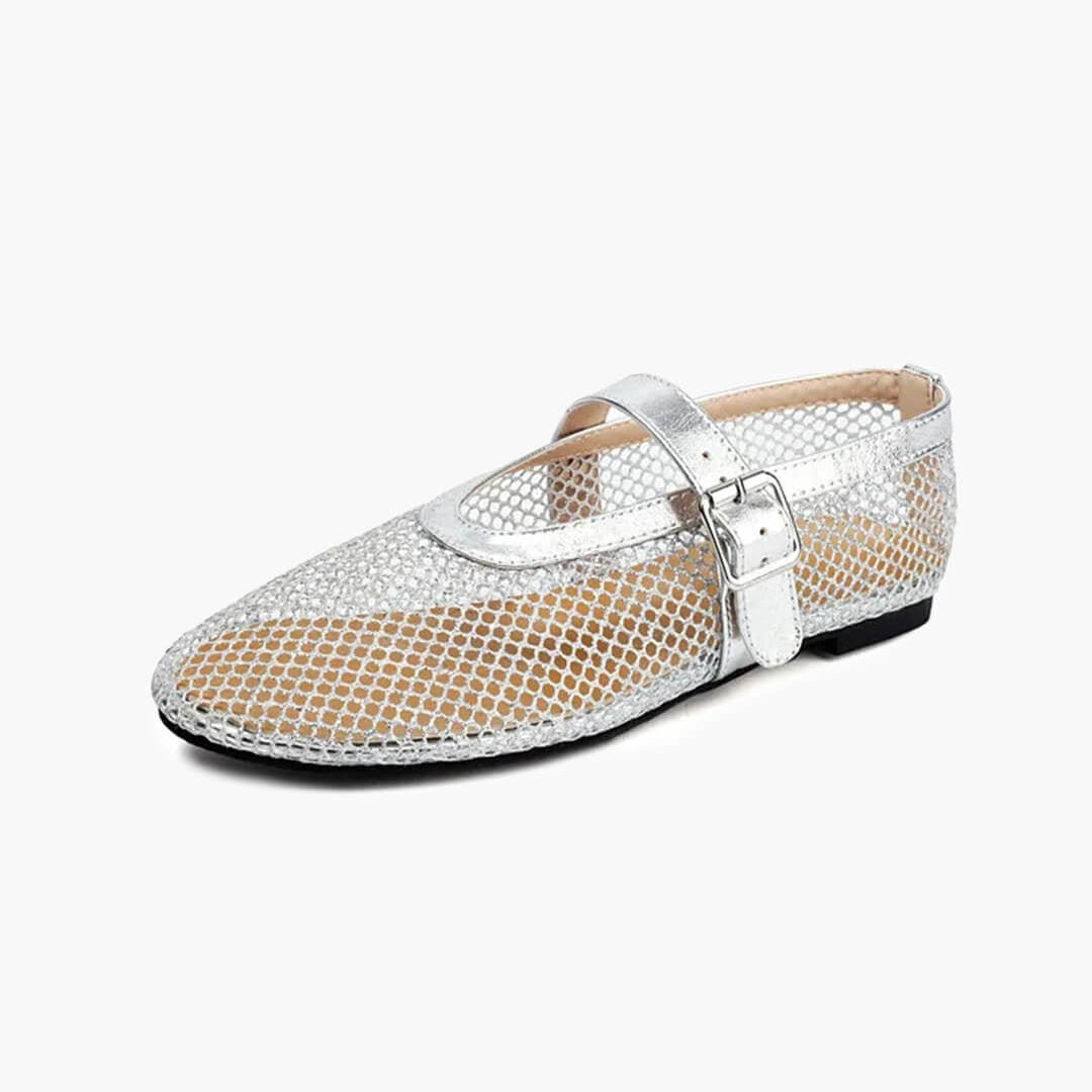 OLANE Luella Buckled Mesh Ballet Flats Silver35Shoes