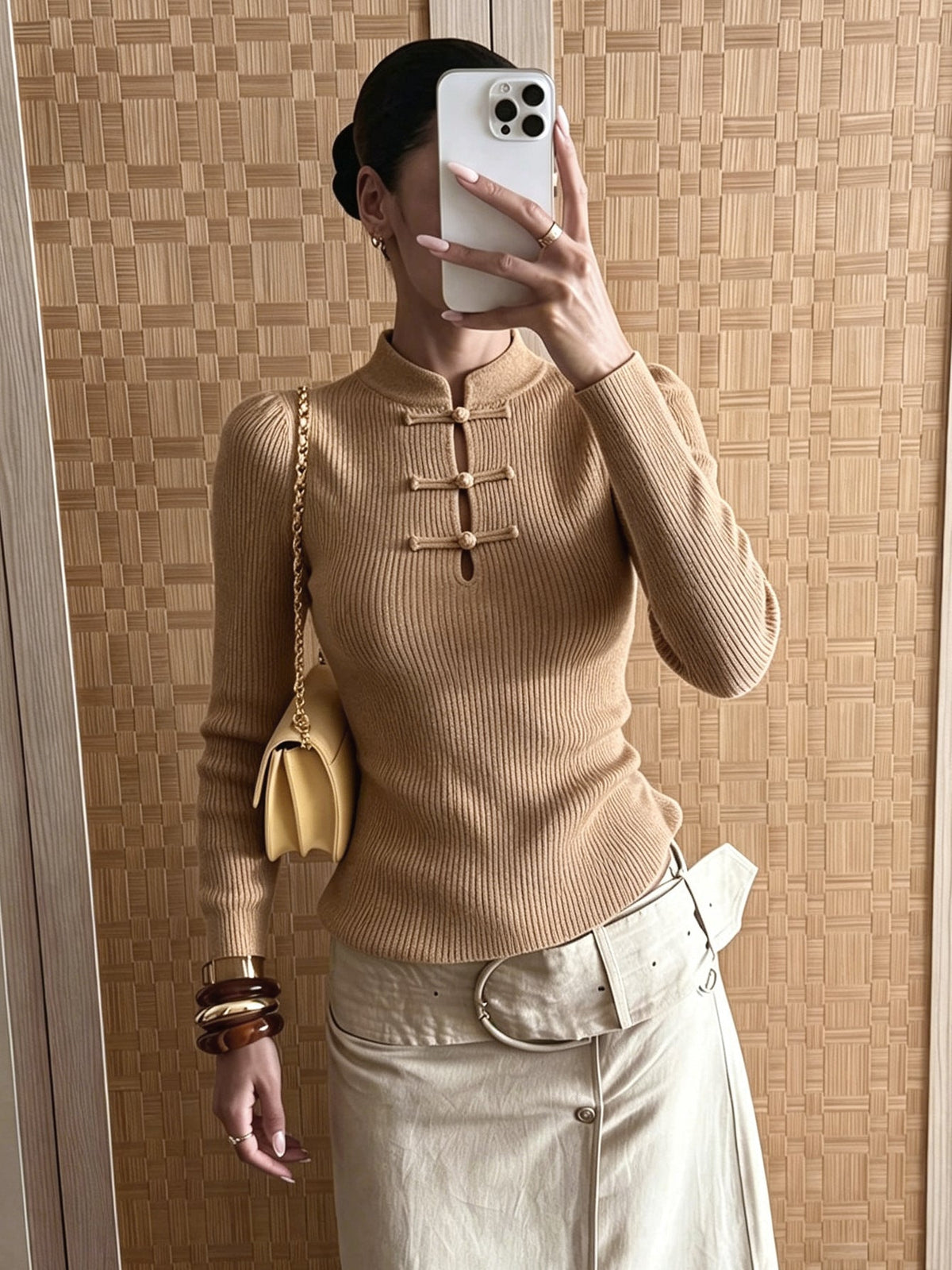 OLANE Mandarin Collar Ribbed Knit Top BeigeXSTop