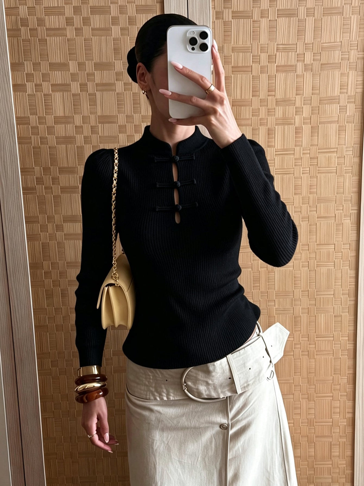 OLANE Mandarin Collar Ribbed Knit Top BlackXSTop