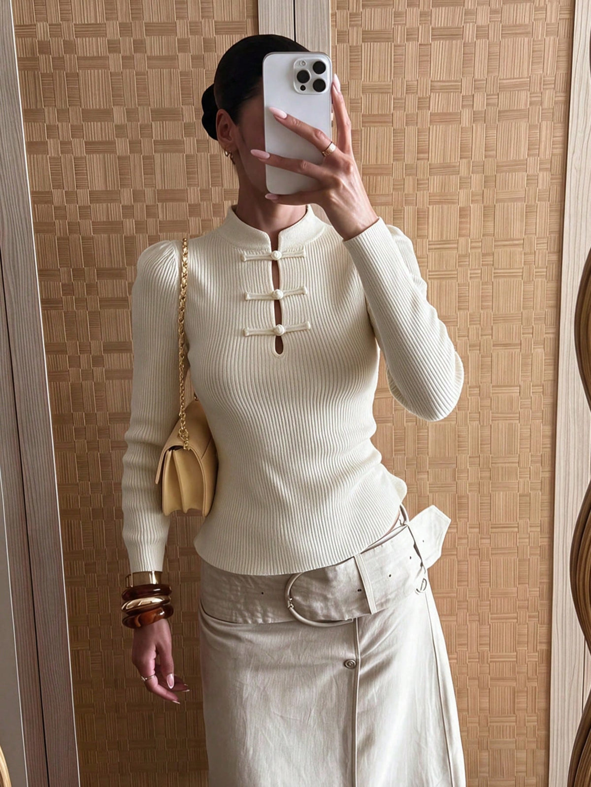 OLANE Mandarin Collar Ribbed Knit Top WhiteLTop