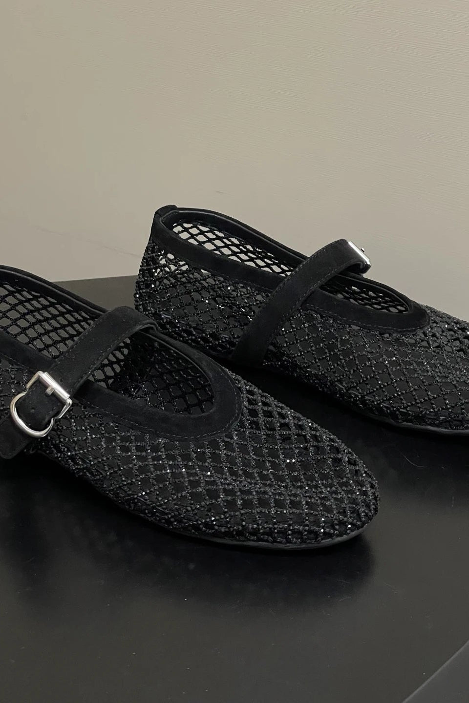 OLANE Mary Jane Rhinestone Mesh Ballet Flats Black35Women's Shoes