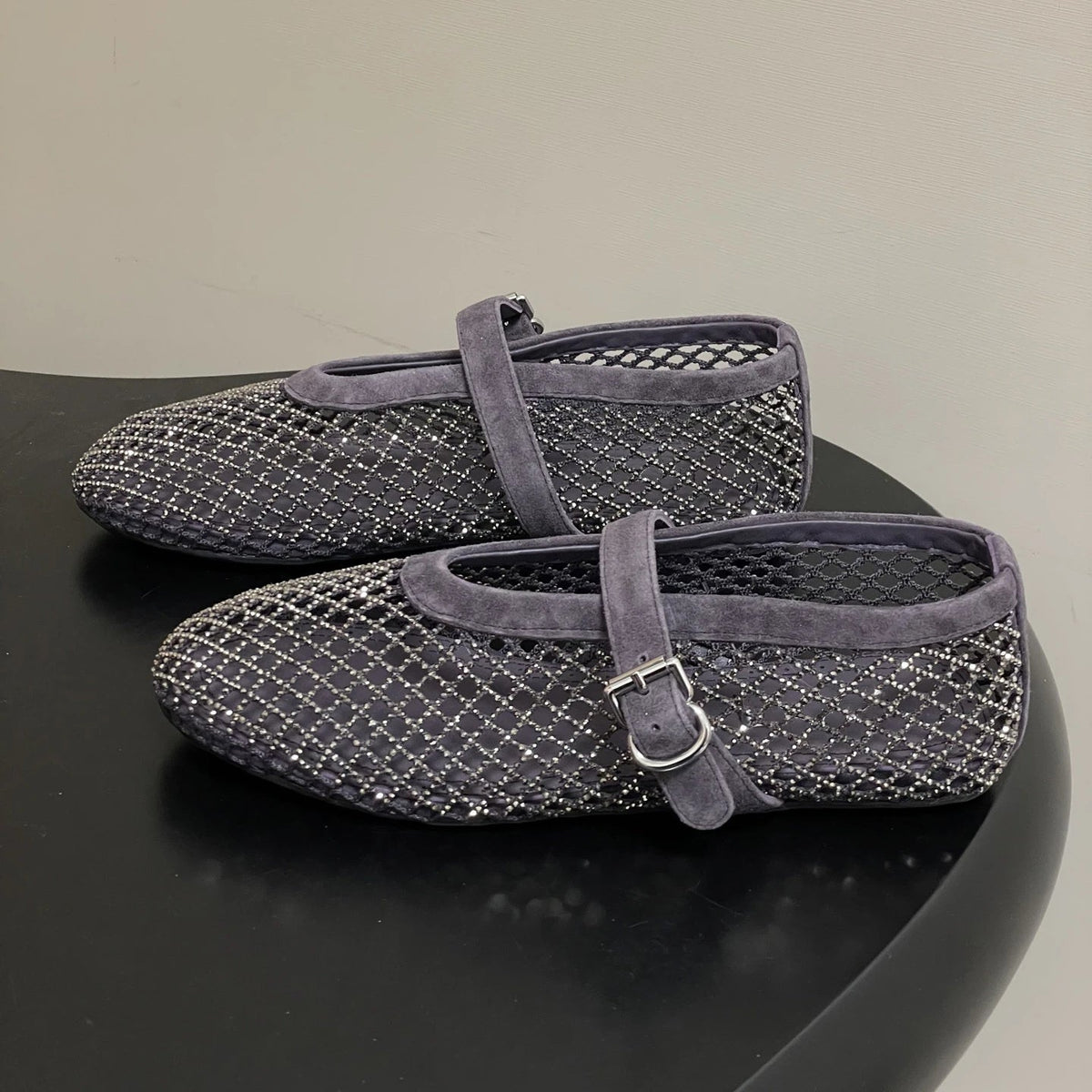 OLANE Mary Jane Rhinestone Mesh Ballet Flats Grey35Women's Shoes