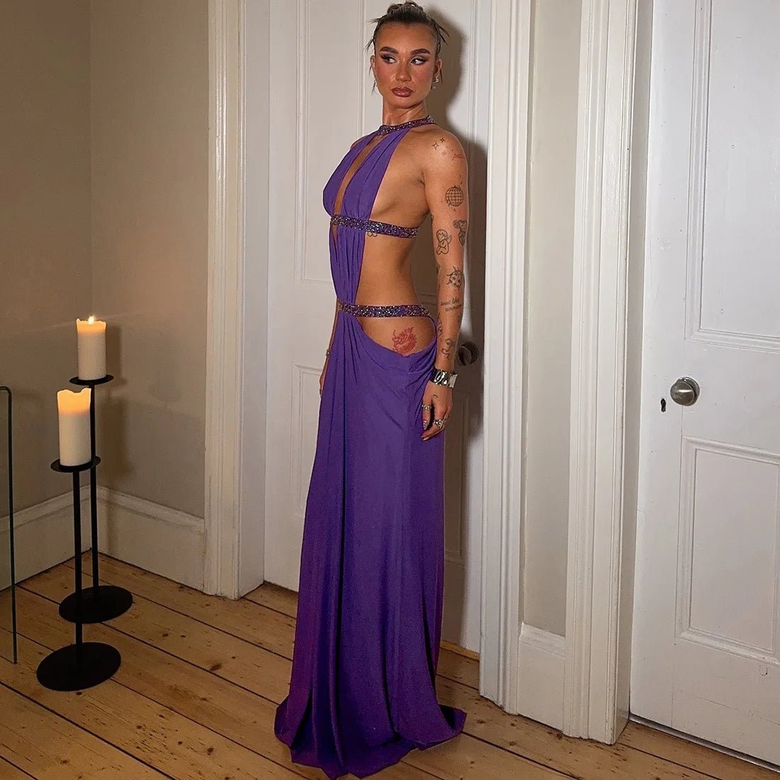 OLANE Nadia Halter Backless Ruched Maxi Dress PurpleSWomen's Dresses