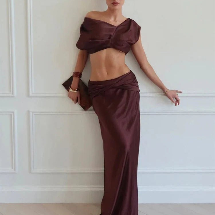 OLANE One-Shoulder Satin Pleated Two-Piece Set YellowXSWomen's Sets