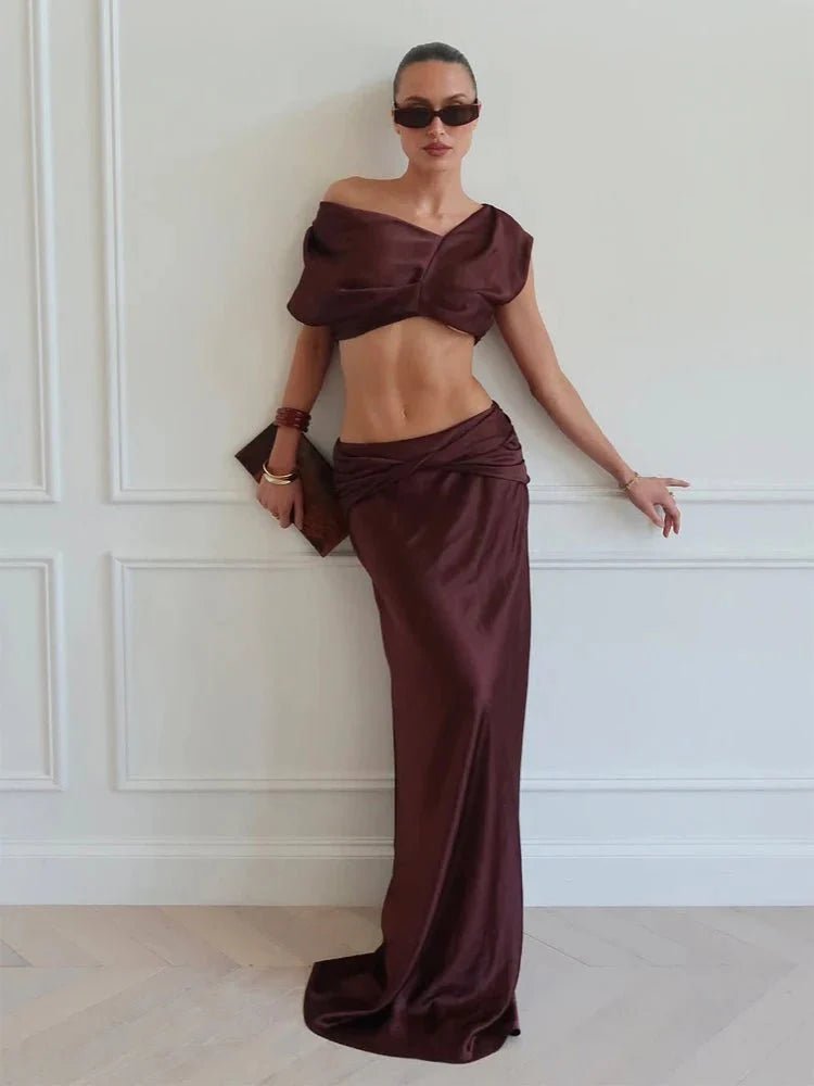 OLANE One-Shoulder Satin Pleated Two-Piece Set YellowXSWomen's Sets