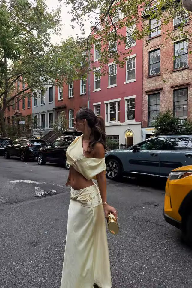 OLANE One - Shoulder Satin Pleated Two - Piece Set YellowXSWomen's Sets