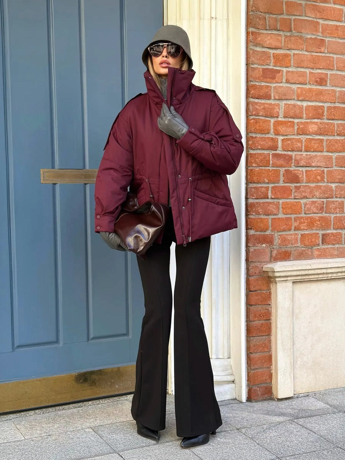 OLANE Oversized Drawstring Waist Puffer Jacket PurpleMWomen's Coats & Jackets