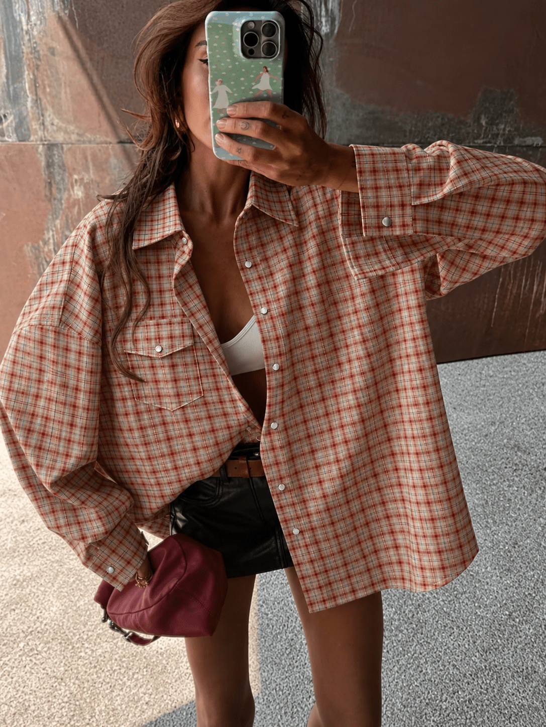 OLANE Oversized Plaid Long Sleeve Shirt OrangeMWomen’s Tops