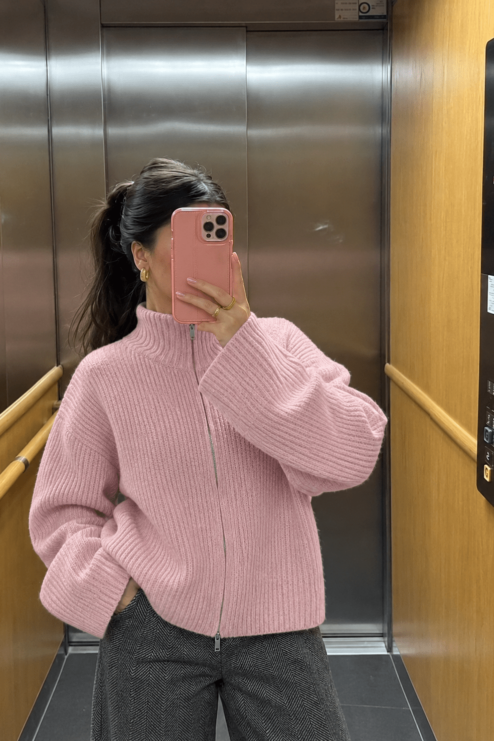 OLANE Oversized Ribbed Zip-Up Sweater PinkMCardigan