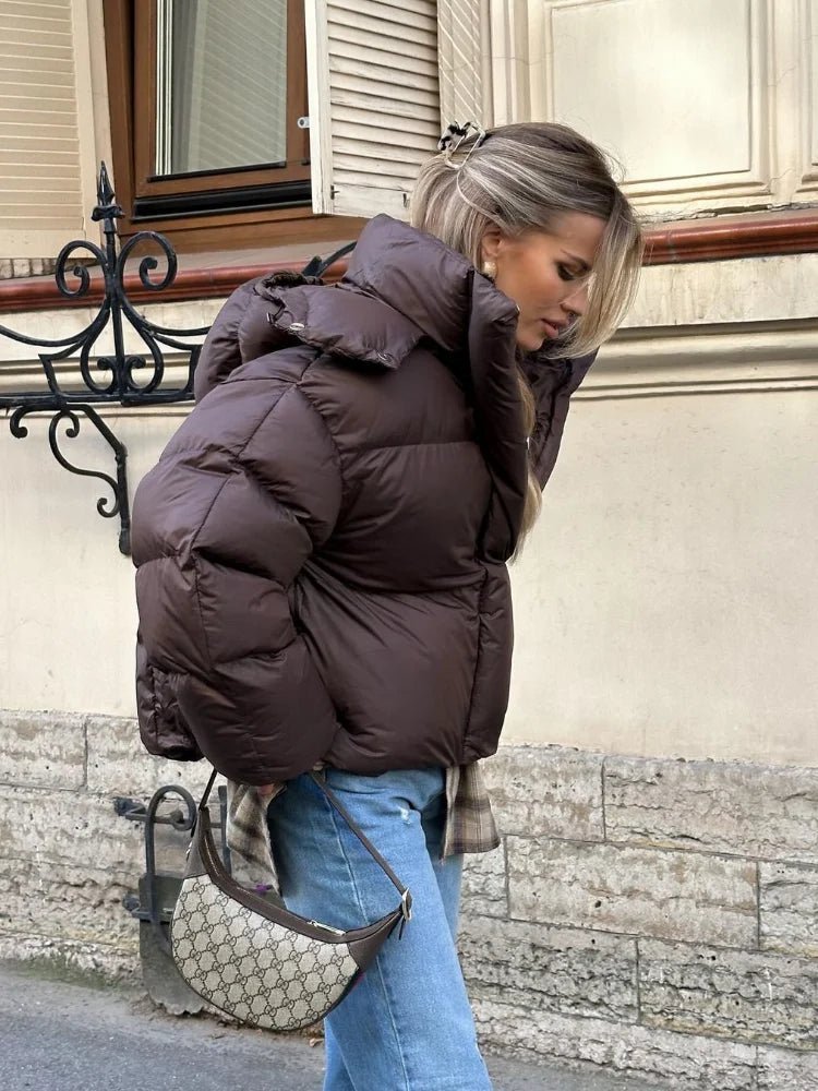OLANE Oversized Short Hooded Puffer Jacket BrownLWomen's Coats & Jackets