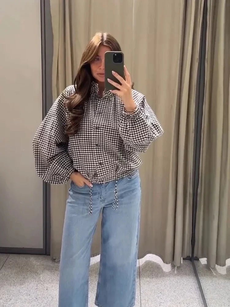 OLANE Plaid Drawstring High Neck Jacket BrownXSJacket
