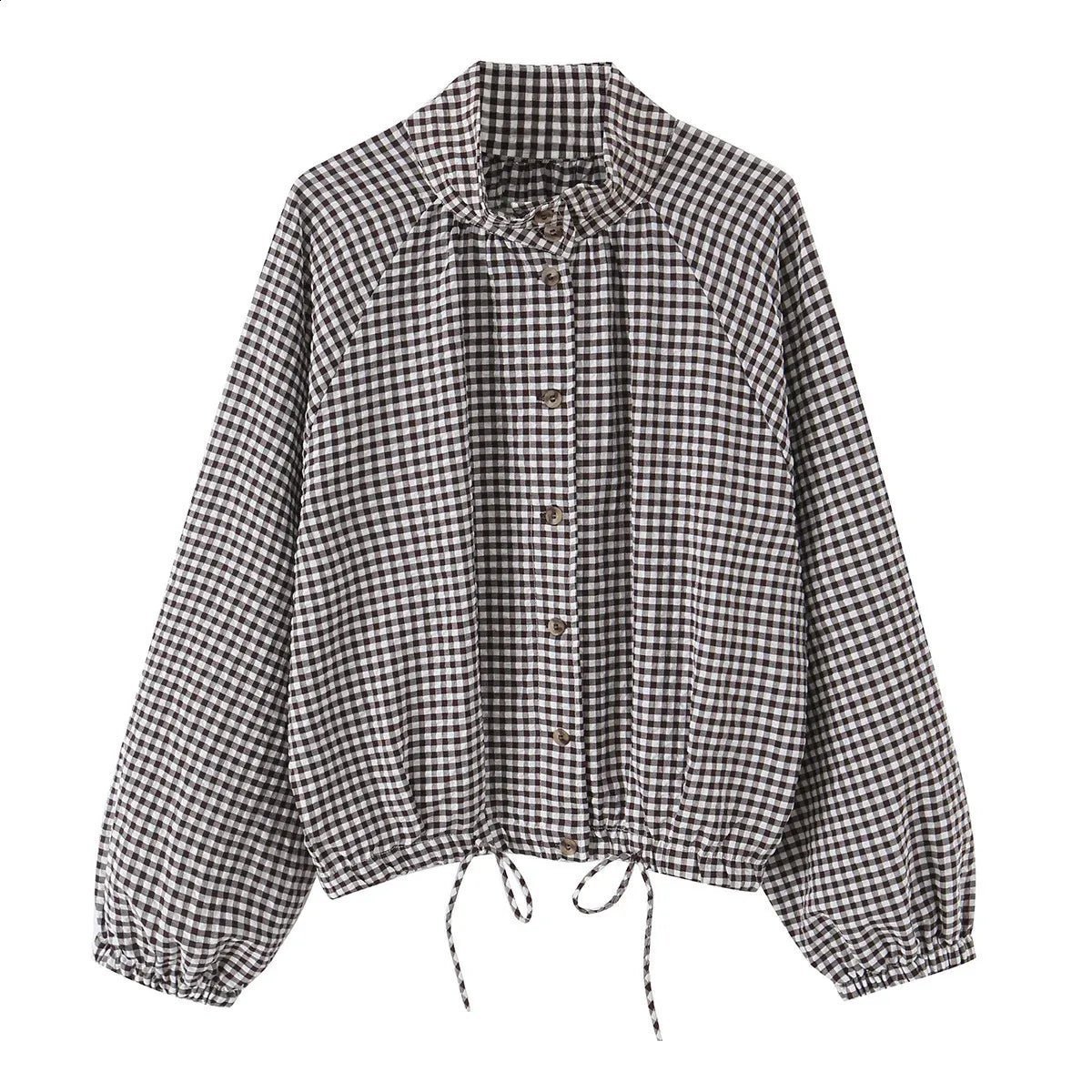 OLANE Plaid Drawstring High Neck Jacket BrownXSJacket