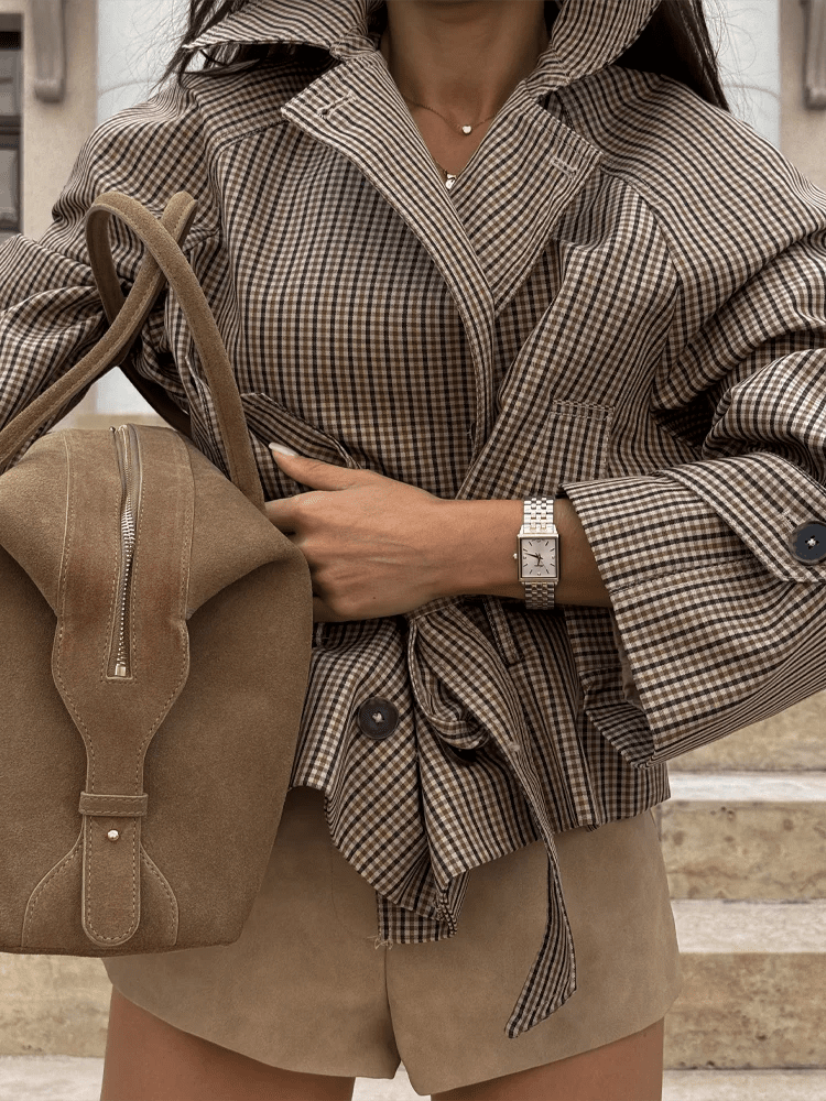 OLANE Plaid Funnel Collar Trench Coat PlaidLCoat
