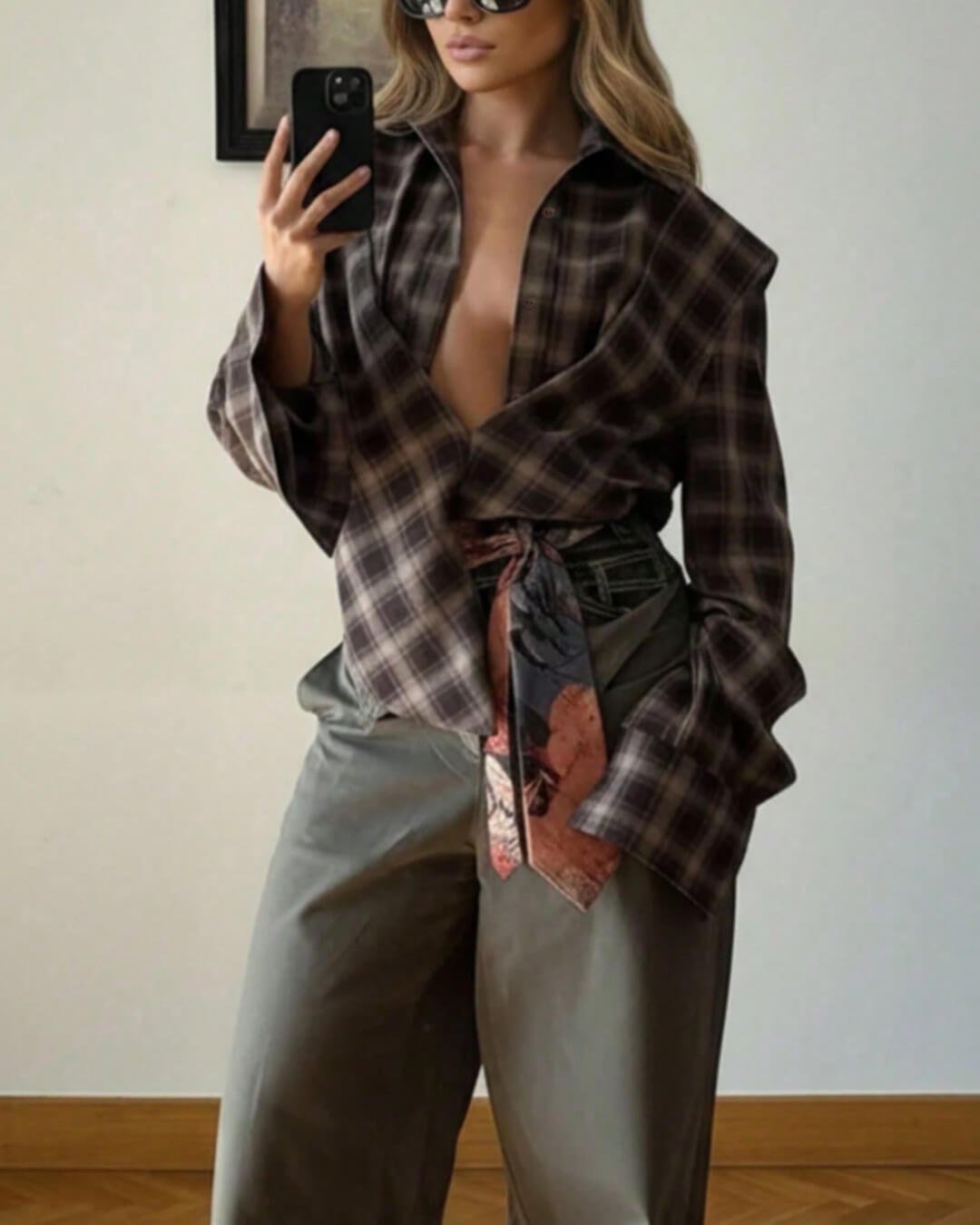 OLANE Plaid Long Sleeve Cinched-Waist Polo MWomen’s Tops
