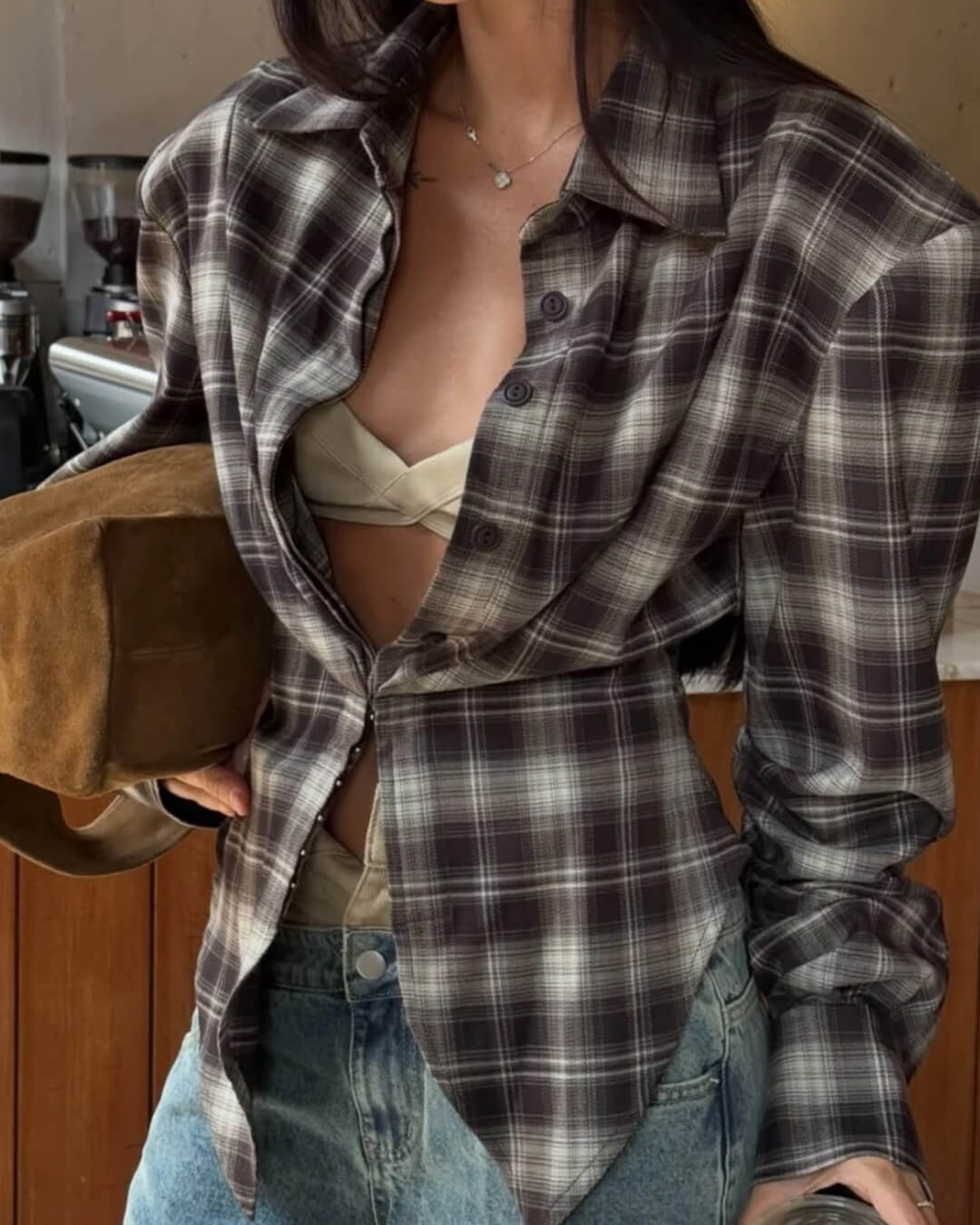 OLANE Plaid Long Sleeve Cinched-Waist Polo SWomen’s Tops