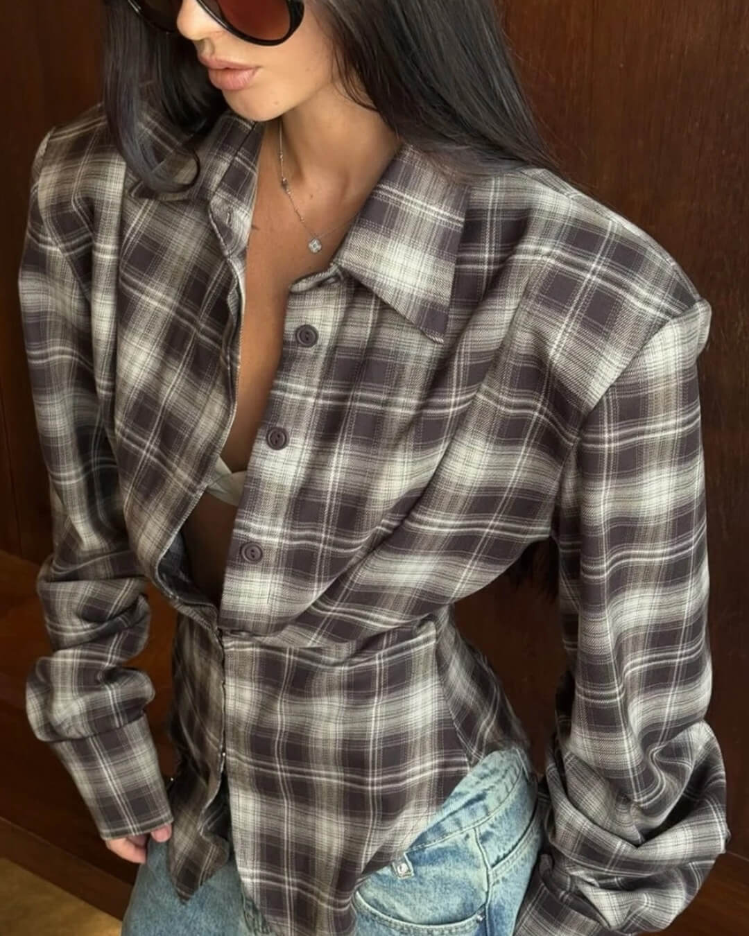 OLANE Plaid Long Sleeve Cinched-Waist Polo SWomen’s Tops