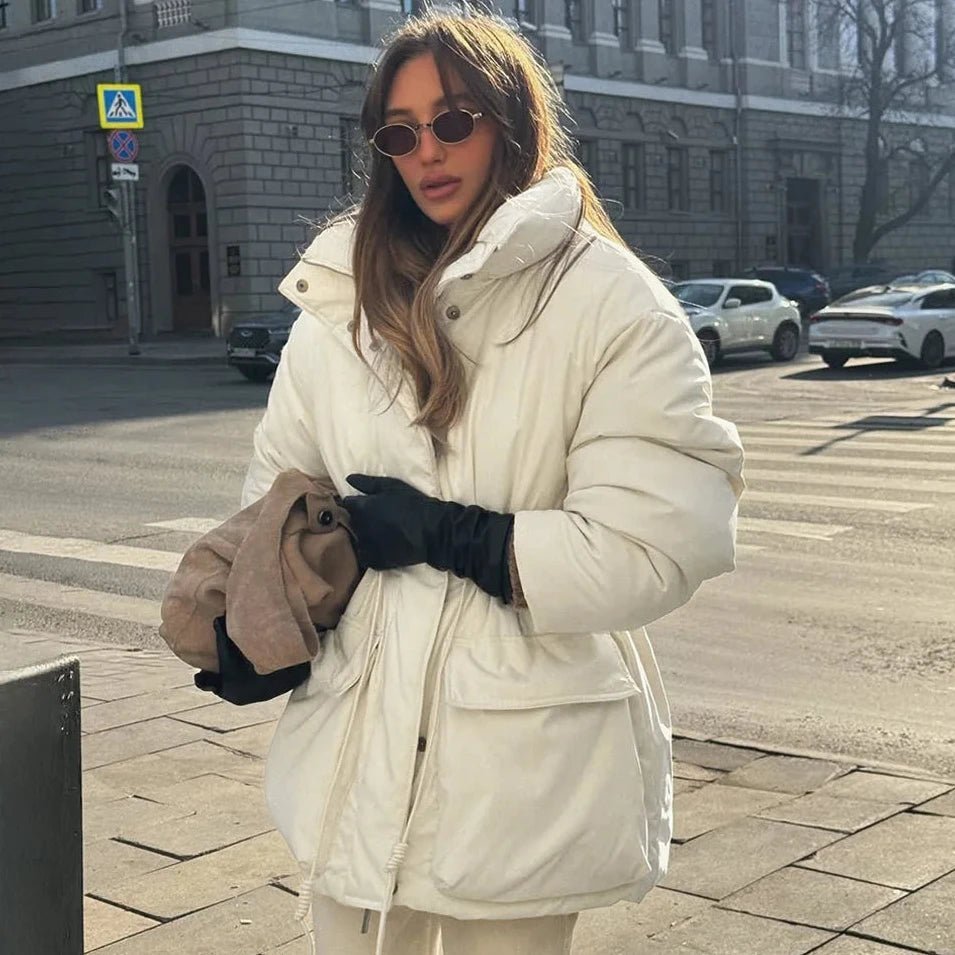OLANE Quilted Stand Collar Padded Puffer Coat BeigeSWomen's Coats & Jackets