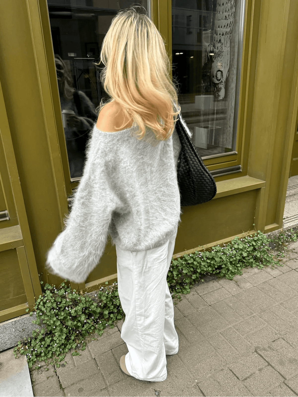OLANE Relaxed Fit Off-Shoulder Mohair Sweater GreySWomen's Sweaters & Cardigans