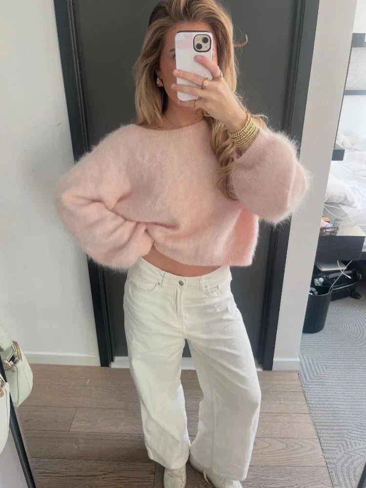 OLANE Relaxed Fit Off-Shoulder Mohair Sweater PinkSWomen's Sweaters & Cardigans