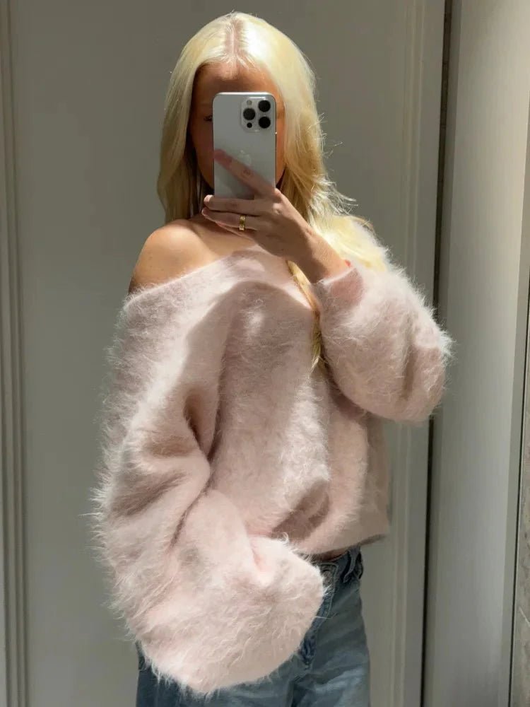 OLANE Relaxed Fit Off-Shoulder Mohair Sweater PinkSWomen's Sweaters & Cardigans