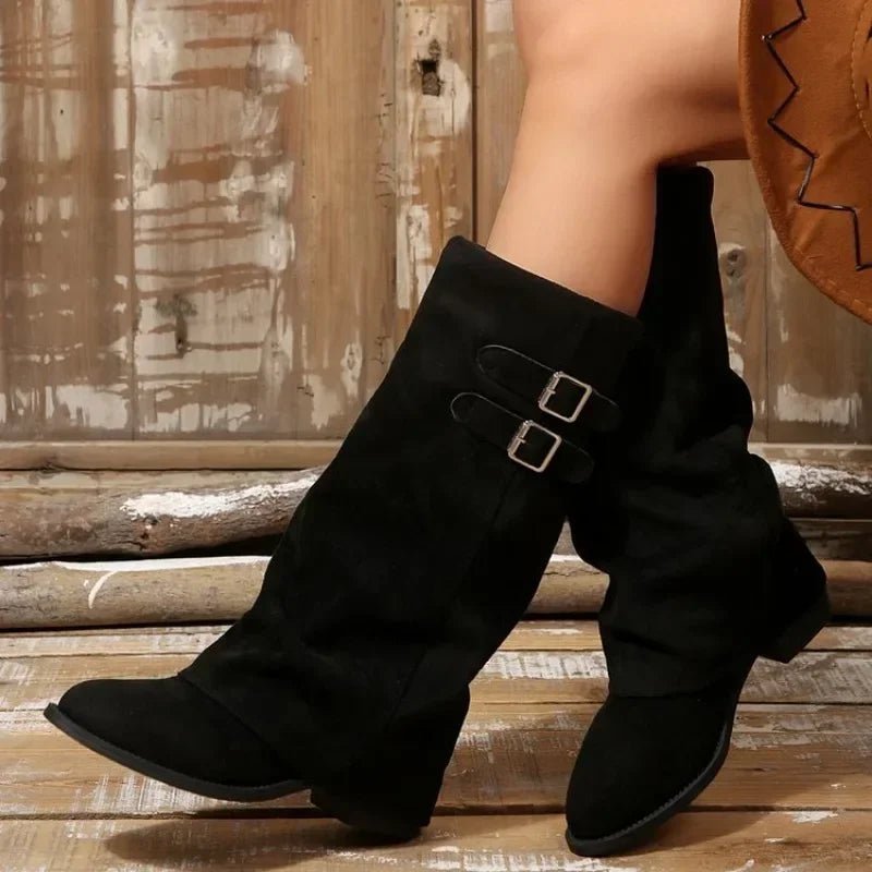 OLANE Retro Buckle Knee High Boots Black36Women's Shoes