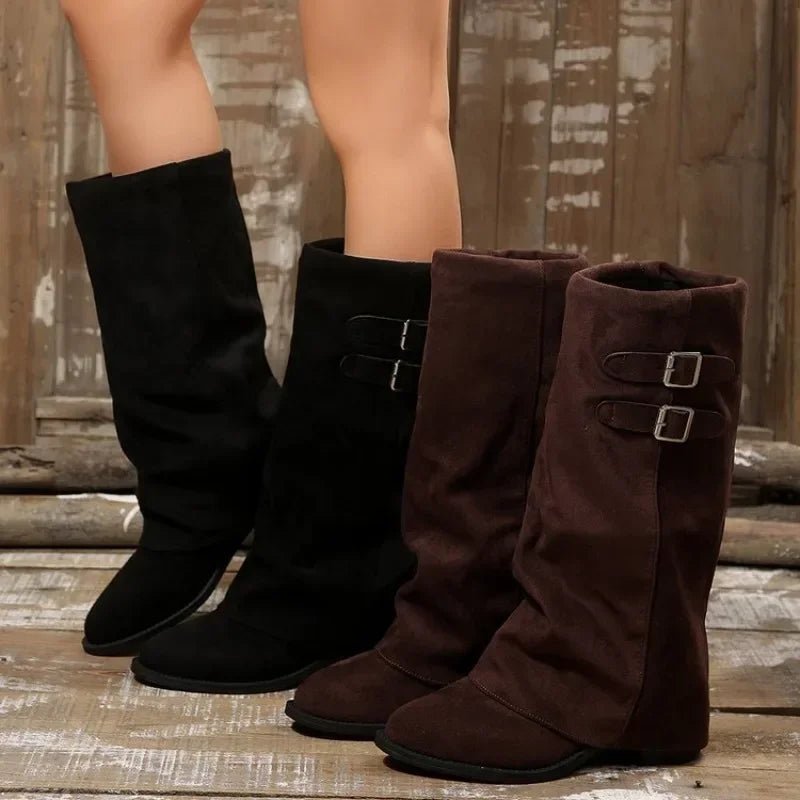 OLANE Retro Buckle Knee High Boots Black36Women's Shoes