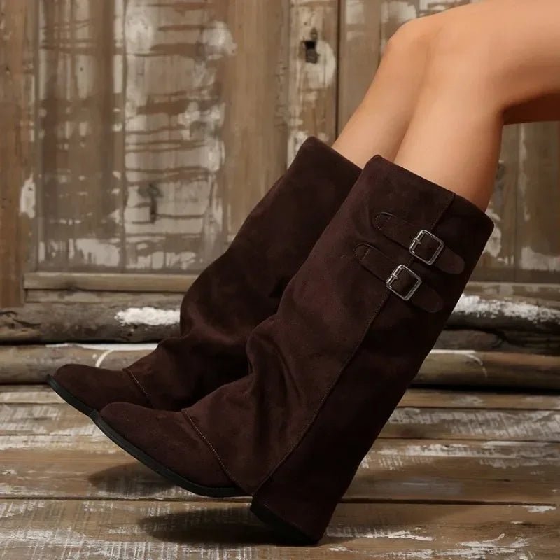 OLANE Retro Buckle Knee High Boots Brown36Women's Shoes