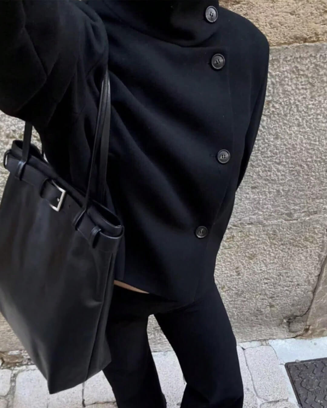 OLANE Rose Buckle Stand Collar Coat BlackXSCoat