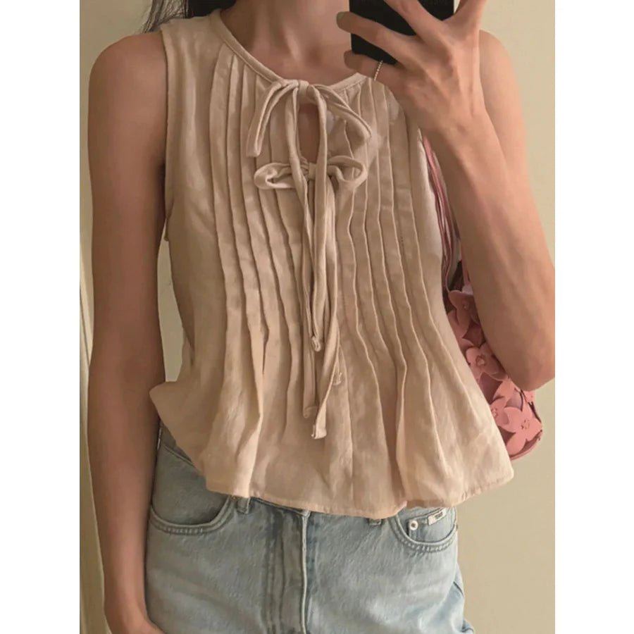 OLANE Ruffle Hem Tie-Front Blouse BeigeXSWomen's Tops