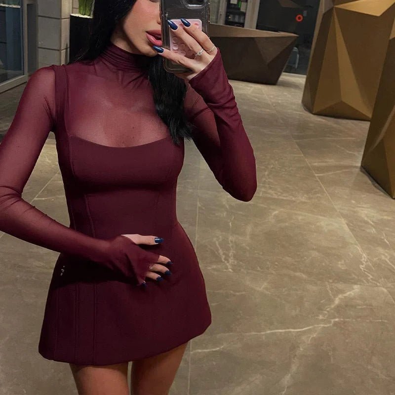 OLANE Sheer Mesh Flared Mini Dress LWomen's Dresses