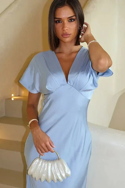 OLANE Short Sleeves V-Neck Satin Midi Dress PinkXSWomen's Dresses