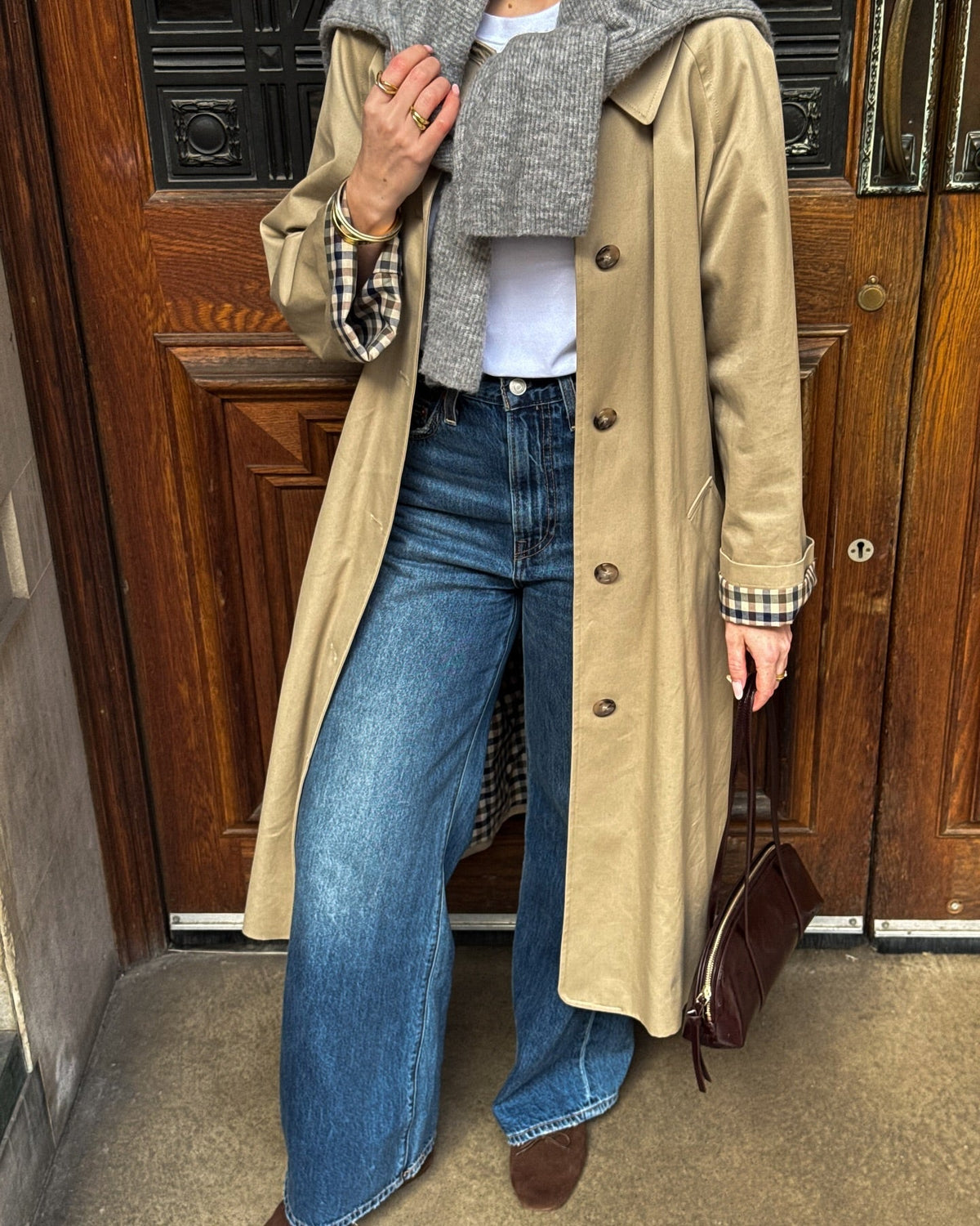 OLANE Single Breasted Check-Accent Trench Coat BeigeLWomen's Coats & Jackets