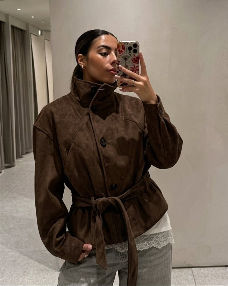 OLANE Single Breasted Faux Suede Lace Up Jacket BrownSWomen's Coats & Jackets