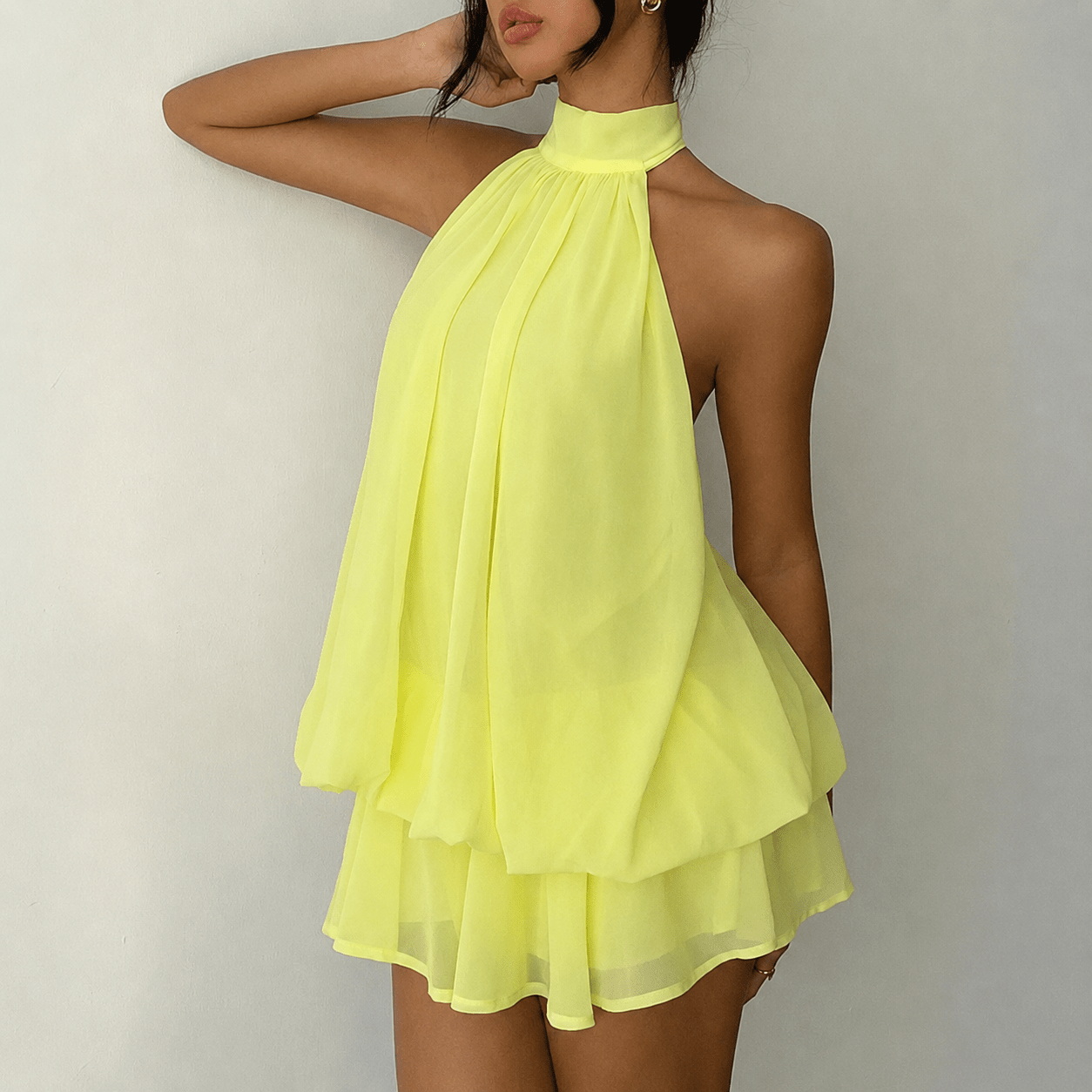 OLANE Sleeveless Halter Backless Mini Dress YellowSWomen's Dresses
