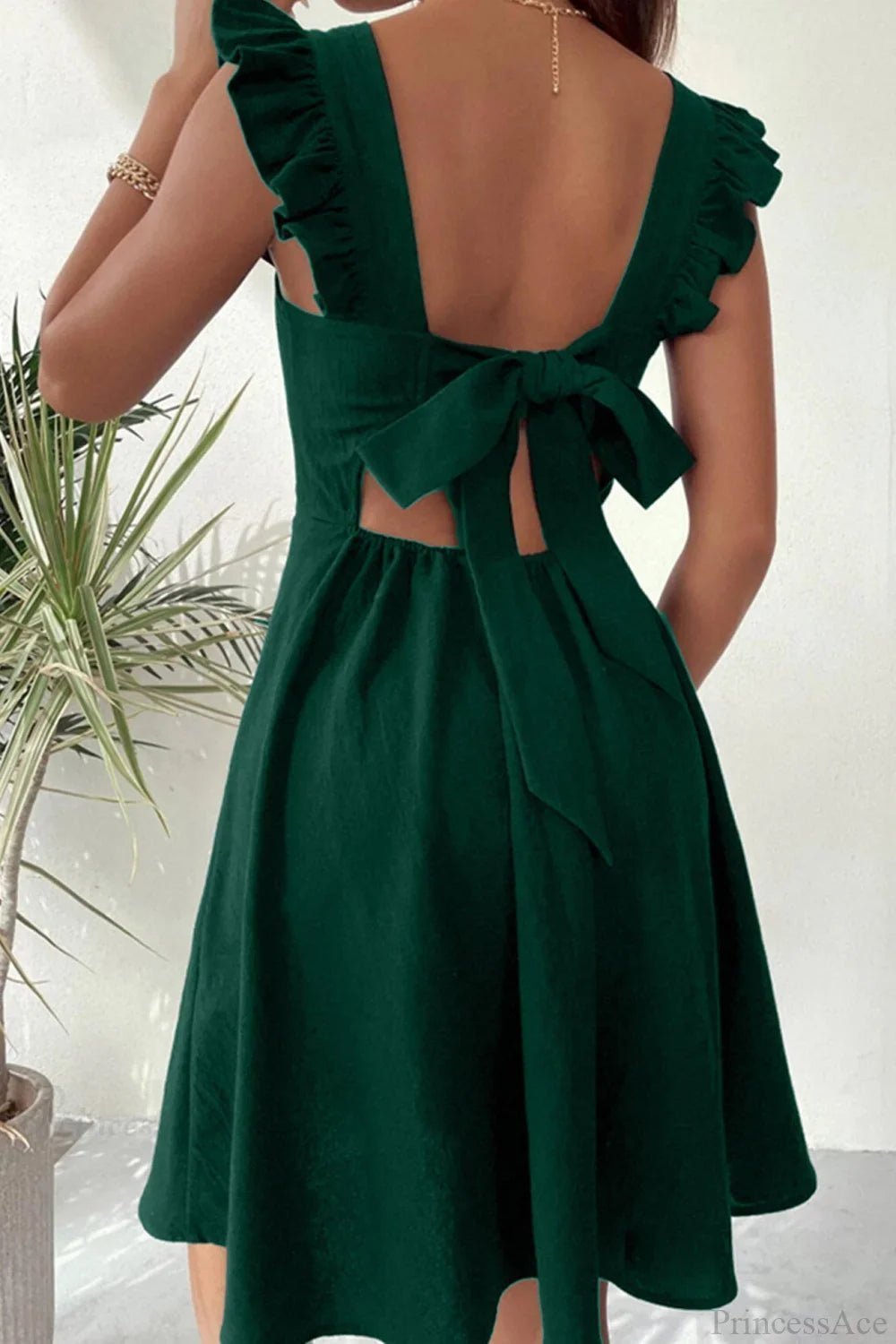 OLANE Sleeveless Ruffle Tie-back Mini Dress Dark GreenXSWomen’s Dresses