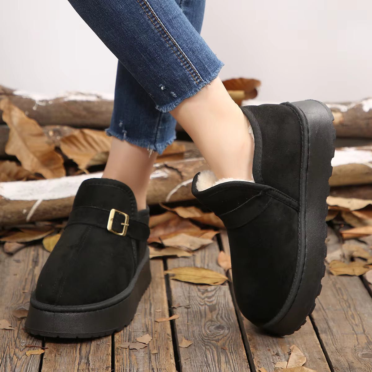 OLANE Slip-On Suede Platform Ankle Booties Black38Boots