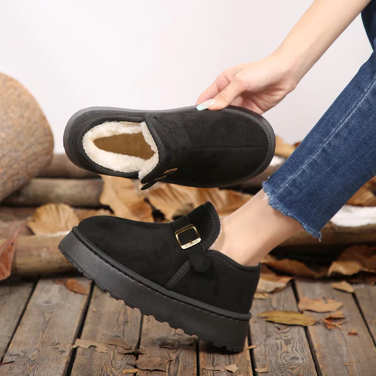 OLANE Slip-On Suede Platform Ankle Booties Black40Boots
