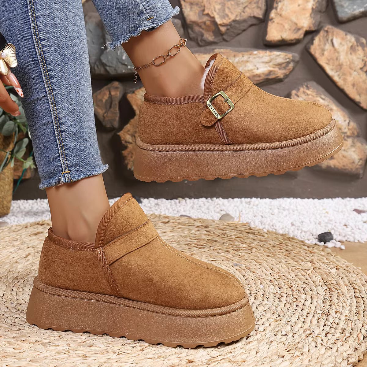 OLANE Slip-On Suede Platform Ankle Booties Camel40Boots