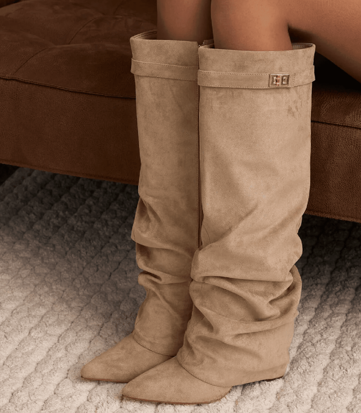 OLANE Slouchy Faux Suede Knee High Boots Brown34Boots
