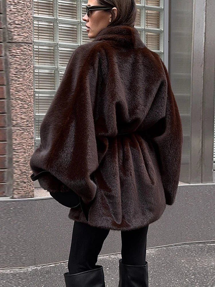 OLANE Soft Faux Fur Belted Short Jacket BrownLJacket