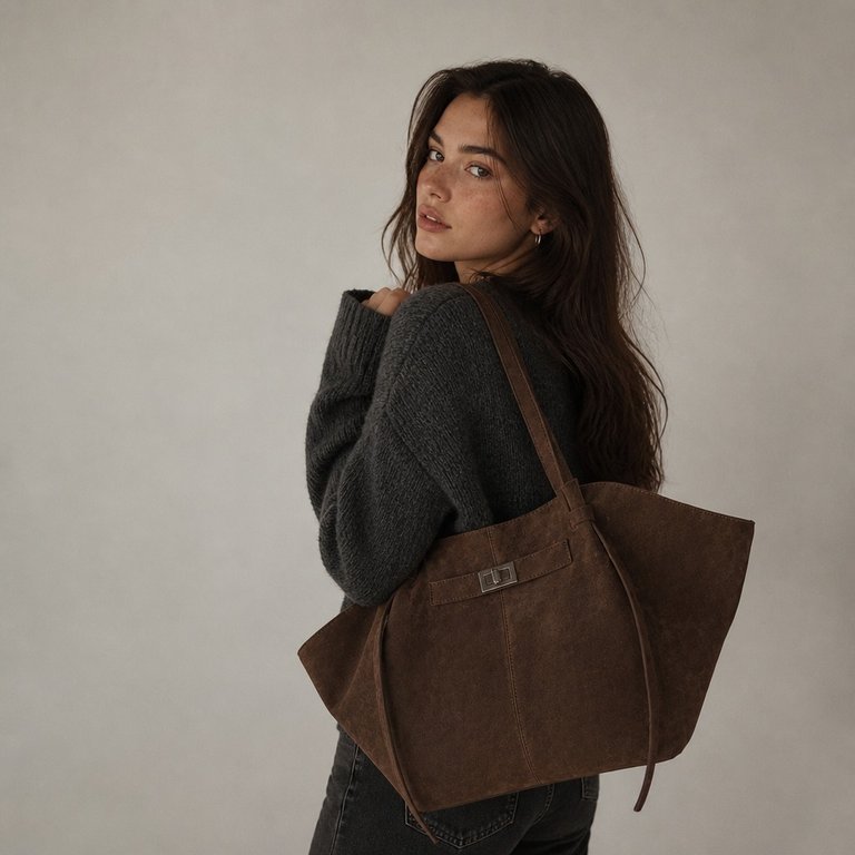 OLANE Spacious Bat-Wing Suede Tote Bag BrownWomen's Handbags