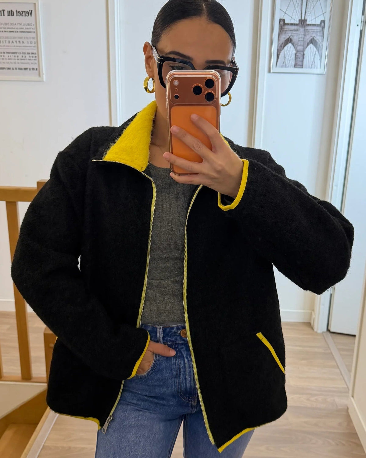 OLANE Stand Collar Contrast Knit Pilot Jacket BlackMJacket